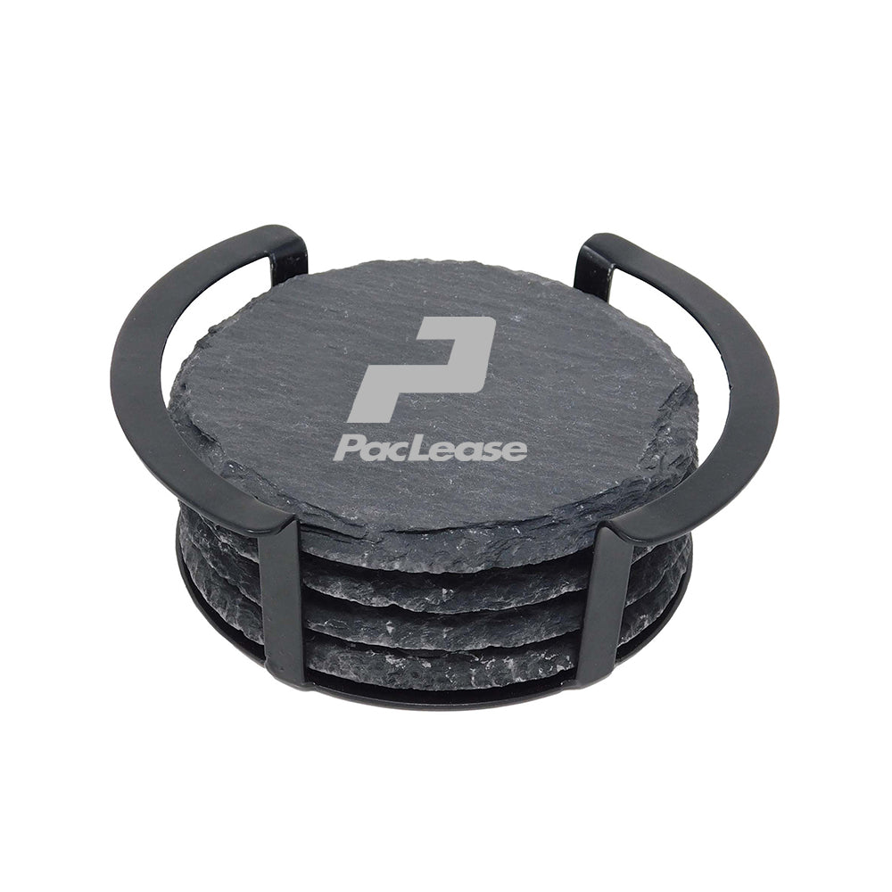 4 Pc. Round Slate Coaster Set with Black Metal Stand (Qty: 25)