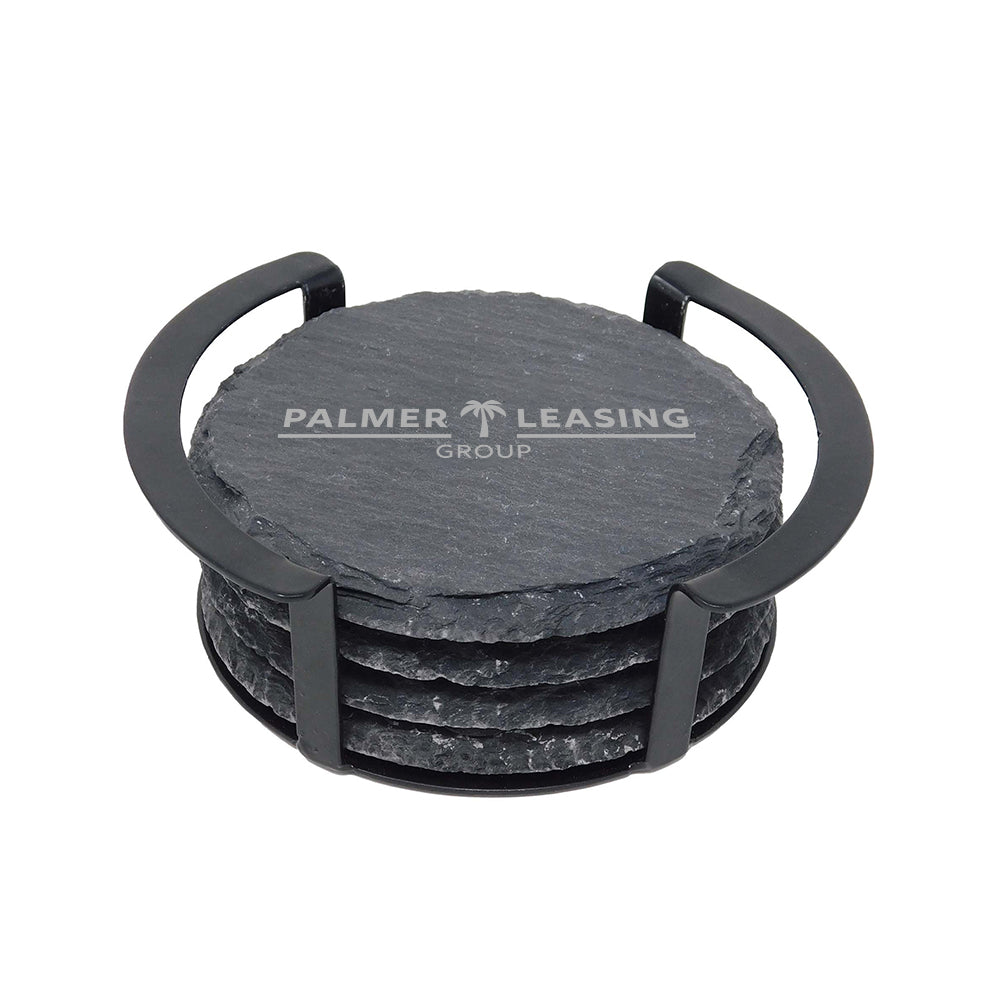 4 Pc. Round Slate Coaster Set with Black Metal Stand (Qty: 25)