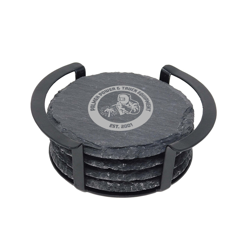 4 Pc. Round Slate Coaster Set with Black Metal Stand (Qty: 25)